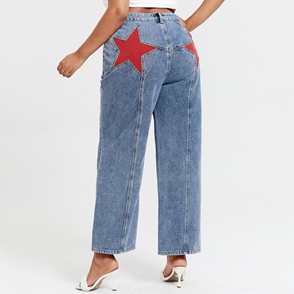 

Plus Star Print Contrast Stitch Straight Leg Jeans, Medium wash