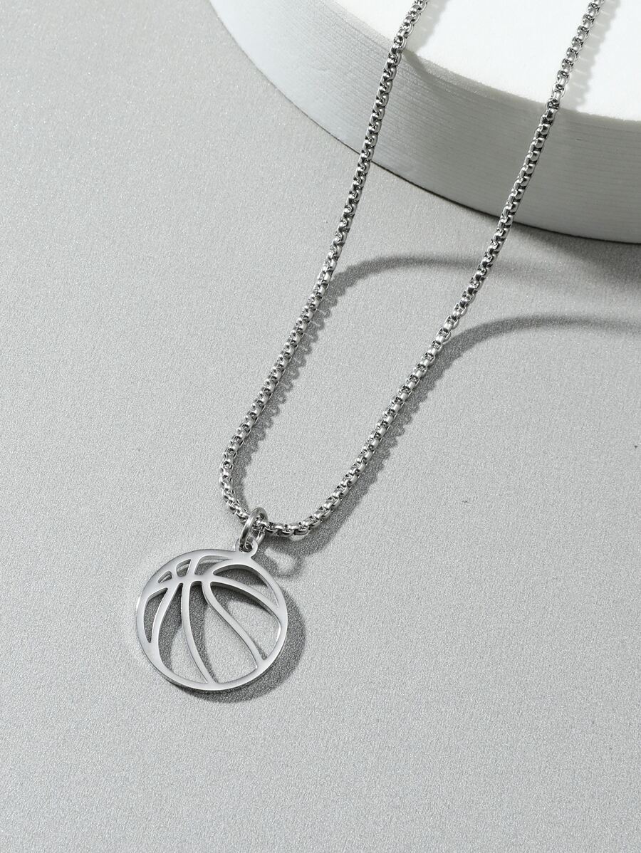 Fashionable and Popular Men Basketball Charm Necklace Stainless Steel Punk Hip Pop Style for Jewelry Gift and for a Stylish Look - Silver - View 1