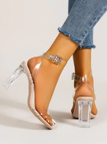 Clear Chunky Heeled Ankle Strap Sandals - Apricot - View 3