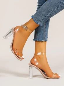 Clear Chunky Heeled Ankle Strap Sandals - Apricot - View 4