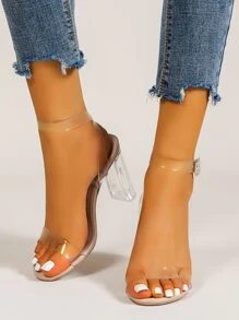 Clear Chunky Heeled Ankle Strap Sandals - Apricot - View 5