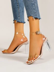Clear Chunky Heeled Ankle Strap Sandals - Apricot - View 6