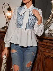 繫帶領格紋粗花呢拼塊襯衫 - 彩色 - 查看 1