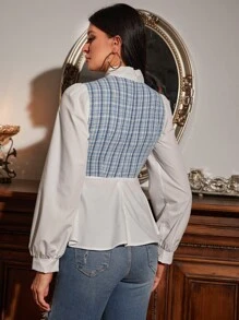 繫帶領格紋粗花呢拼塊襯衫 - 彩色 - 查看 2