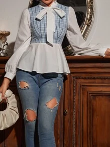 繫帶領格紋粗花呢拼塊襯衫 - 彩色 - 查看 4