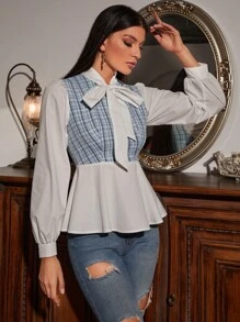 繫帶領格紋粗花呢拼塊襯衫 - 彩色 - 查看 6