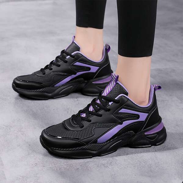 

Colorblock Breathable Lace-up Front Running Shoes, Black