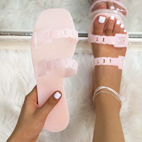 

Buckle Decor Braided Strap Slides, Pink