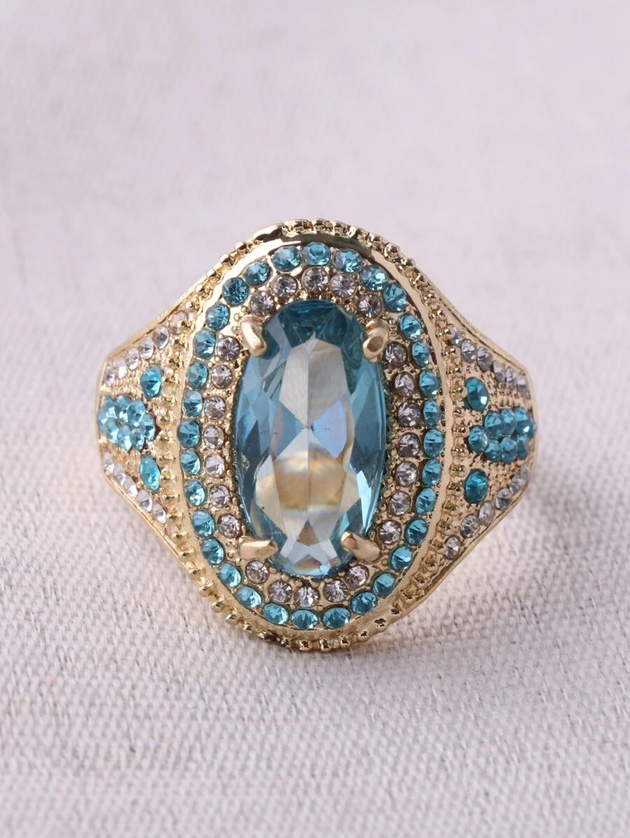 1pc Alloy Gold-Plated Light Blue Rhinestone Ring, Size 8, Multiple Colors Available - Multicolor - View 1