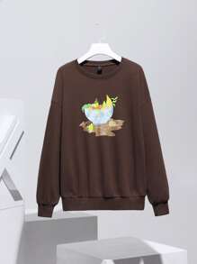 SN Drop Shoulder Cartoon Graphic Pullover - Coffee Brown - View 1
