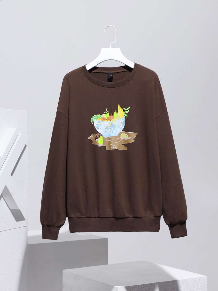 SN Drop Shoulder Cartoon Graphic Pullover - Coffee Brown - View 1