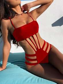 Ladder Cut-Out One Piece Swimsuit, For Summer Beach Vacation - Red - View 1