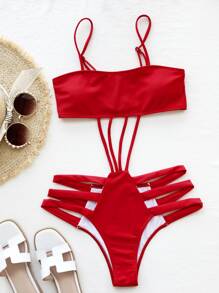 Ladder Cut-Out One Piece Swimsuit, For Summer Beach Vacation - Red - View 3