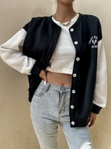 SHEIN Unity Sudadera con estampado de letra de color combinado de hombros caídos con botón delantero - Negro - Ver 1
