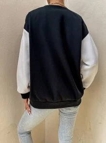 SHEIN Unity Sudadera con estampado de letra de color combinado de hombros caídos con botón delantero - Negro - Ver 2