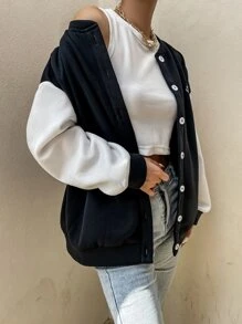 SHEIN Unity Sudadera con estampado de letra de color combinado de hombros caídos con botón delantero - Negro - Ver 3