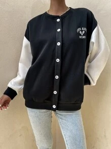 SHEIN Unity Sudadera con estampado de letra de color combinado de hombros caídos con botón delantero - Negro - Ver 4