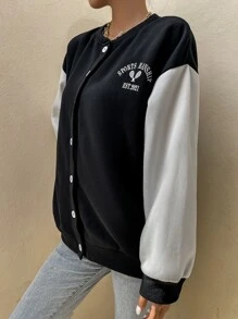 SHEIN Unity Sudadera con estampado de letra de color combinado de hombros caídos con botón delantero - Negro - Ver 5