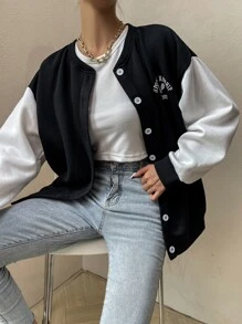 SHEIN Unity Sudadera con estampado de letra de color combinado de hombros caídos con botón delantero - Negro - Ver 6