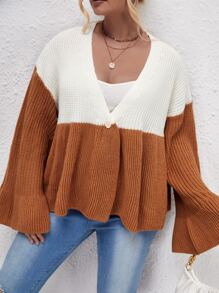 Plus Colorblock Flounce Sleeve Single Button Cardigan - Multicolor - View 1