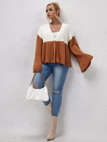 Plus Colorblock Flounce Sleeve Single Button Cardigan - Multicolor - View 3