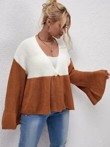Plus Colorblock Flounce Sleeve Single Button Cardigan - Multicolor - View 4