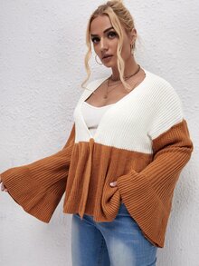 Plus Colorblock Flounce Sleeve Single Button Cardigan - Multicolor - View 5