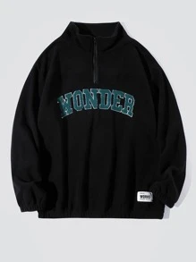 Manfinity Campus Court Aesthetic Post--Men's Loose Fit Letter Patch Quarter Zip Thermal Sweatshirt Going Out Letter Long Sleeve Casual Sweatshirt, For Friends, Husband, Boyfriend Gifts, Black , Fall/Winter - Black - View 1