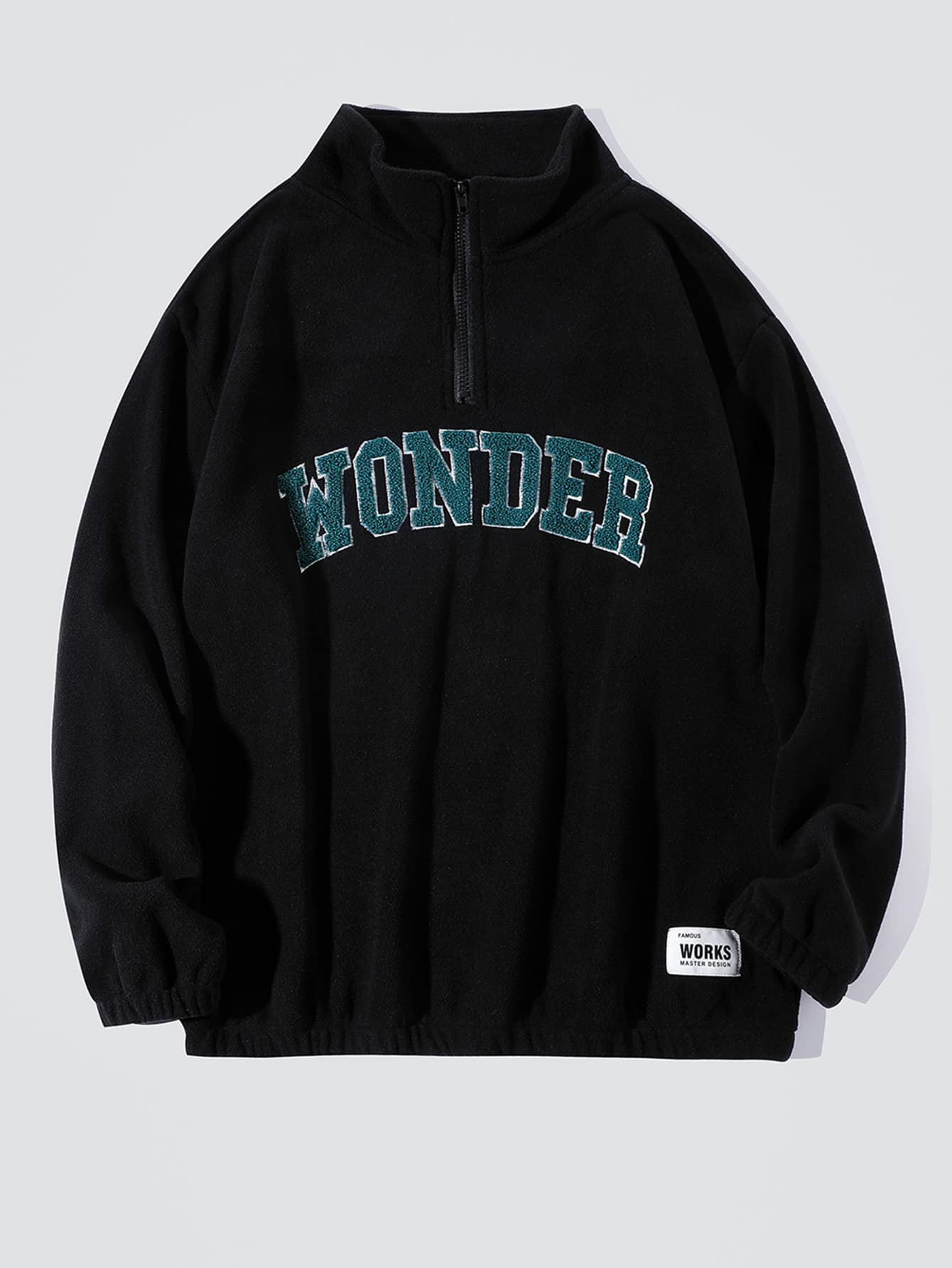 Manfinity Campus Court Aesthetic Post--Men's Loose Fit Letter Patch Quarter Zip Thermal Sweatshirt Going Out Letter Long Sleeve Casual Sweatshirt, For Friends, Husband, Boyfriend Gifts, Black , Fall/Winter - Black - View 1