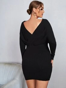 Vionelle Plus Solid Surplice V Neck Knit Dress Fall Winter Cloth For Women Autumn - Black - View 2