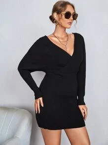 Vionelle Plus Solid Surplice V Neck Knit Dress Fall Winter Cloth For Women Autumn - Black - View 4