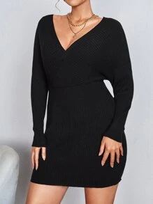 Vionelle Plus Solid Surplice V Neck Knit Dress Fall Winter Cloth For Women Autumn - Black - View 5