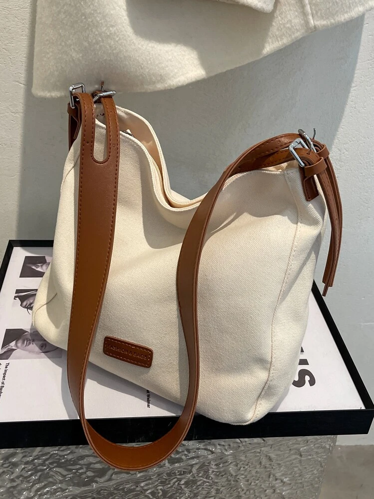 กระเป๋าผ้าใบสำหรับสตรี แบบแฟชั่นสบายๆ สีบล็อก, กระเป๋าสะพายไหล่สำหรับโรงเรียน - สีครีม/สีเบจ - ดู 1