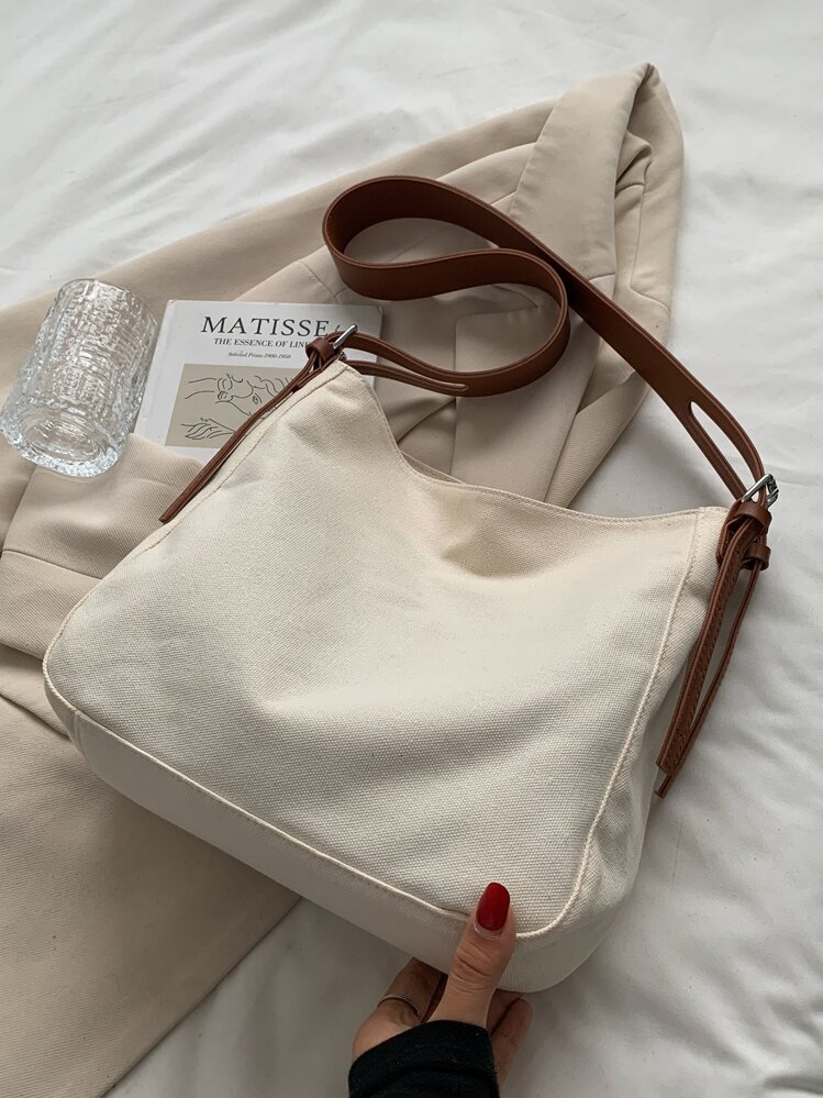 กระเป๋าผ้าใบสำหรับสตรี แบบแฟชั่นสบายๆ สีบล็อก, กระเป๋าสะพายไหล่สำหรับโรงเรียน - สีครีม/สีเบจ - ดู 2