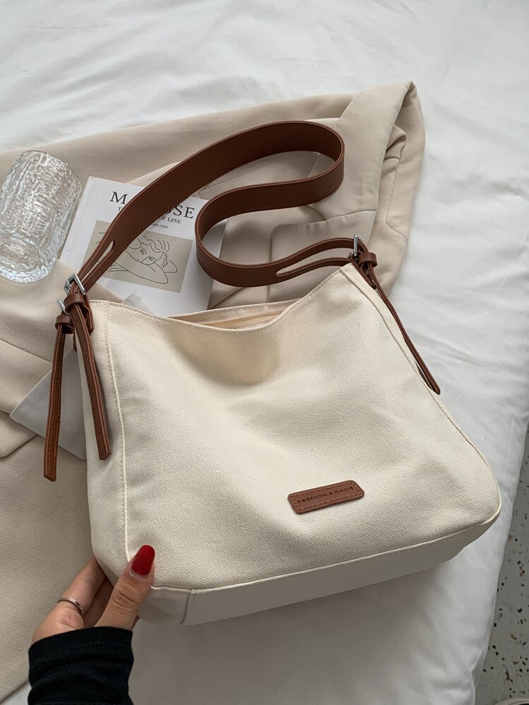 กระเป๋าผ้าใบสำหรับสตรี แบบแฟชั่นสบายๆ สีบล็อก, กระเป๋าสะพายไหล่สำหรับโรงเรียน - สีครีม/สีเบจ - ดู 4