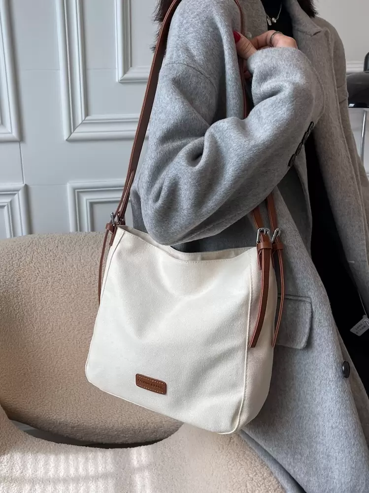 กระเป๋าผ้าใบสำหรับสตรี แบบแฟชั่นสบายๆ สีบล็อก, กระเป๋าสะพายไหล่สำหรับโรงเรียน - สีครีม/สีเบจ - ดู 5