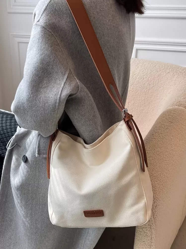 กระเป๋าผ้าใบสำหรับสตรี แบบแฟชั่นสบายๆ สีบล็อก, กระเป๋าสะพายไหล่สำหรับโรงเรียน - สีครีม/สีเบจ - ดู 6