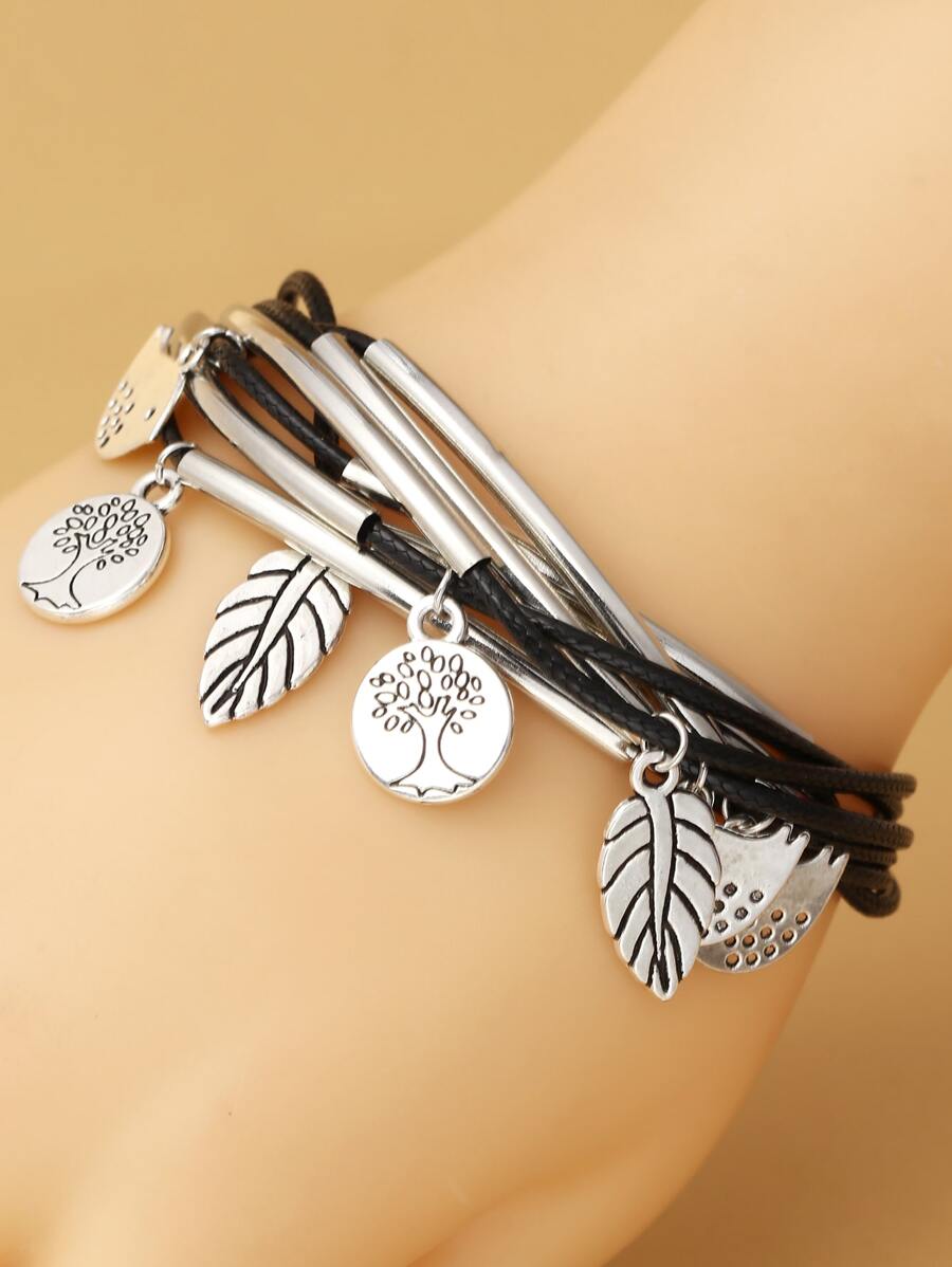 Pulsera a capas hoja & pájaro accesorio - Negro - Ver 1