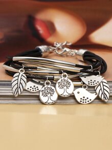 Pulsera a capas hoja & pájaro accesorio - Negro - Ver 2