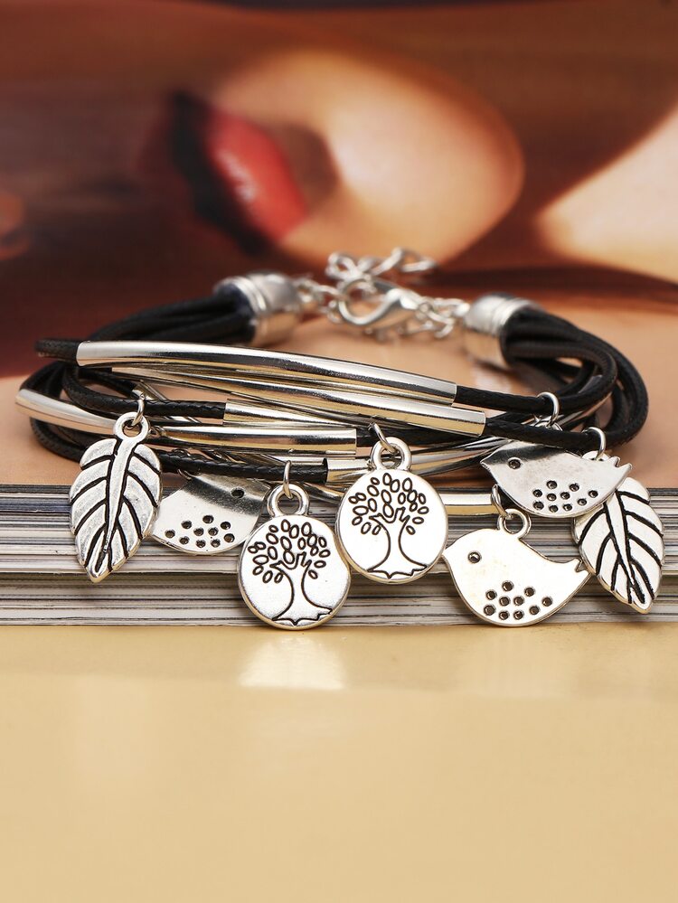 Pulsera a capas hoja & pájaro accesorio - Negro - Añade 2