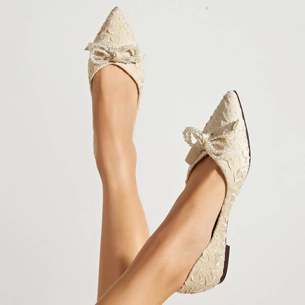 

Faux Pearl Decor Point Toe Flats, Beige