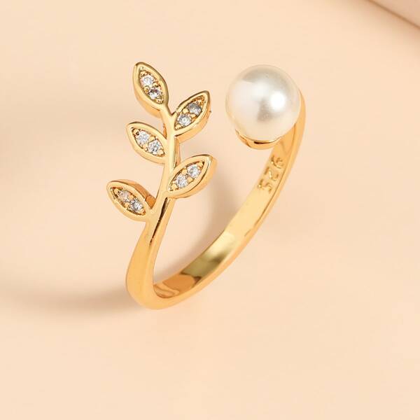 

Faux Pearl & Leaf Decor Cuff Ring, Gold