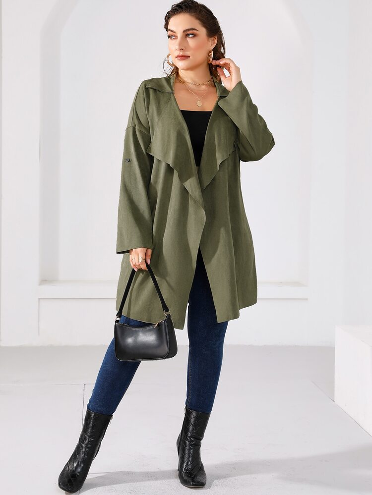 Plus Waterfall Collar Roll Tab Sleeve Suedette Coat - Army Green - View 3