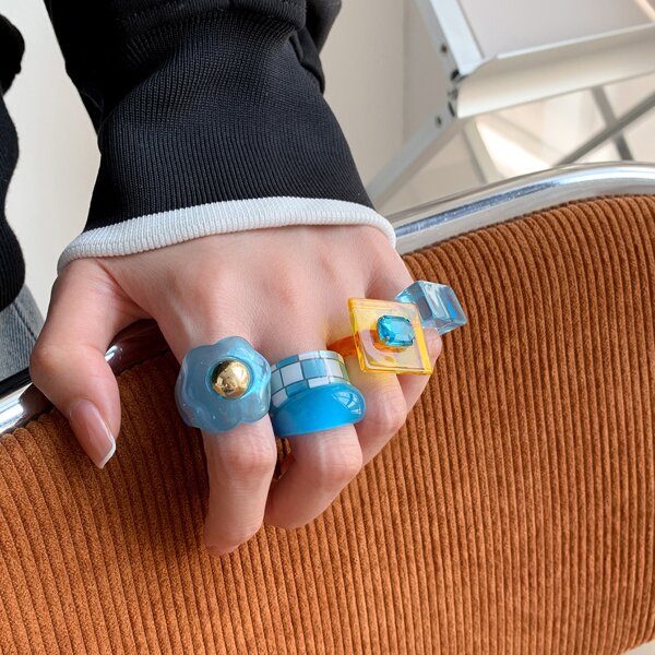 

5pcs Plaid Print Ring, Multicolor