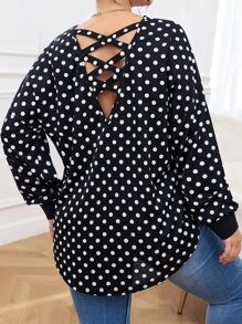 SHEIN LUNE 大碼波卡圓點十字交叉弧形下擺襯衫 - 黑與白 - 查看 3