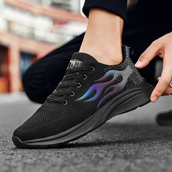 

Men Fire Graphic Lace Up Front Sneakers, Black