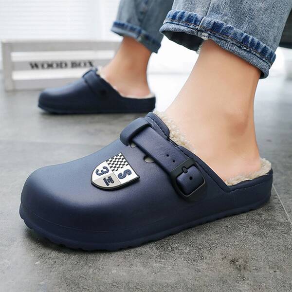 

Men Applique Buckle Plush Inside Slippers, Blue