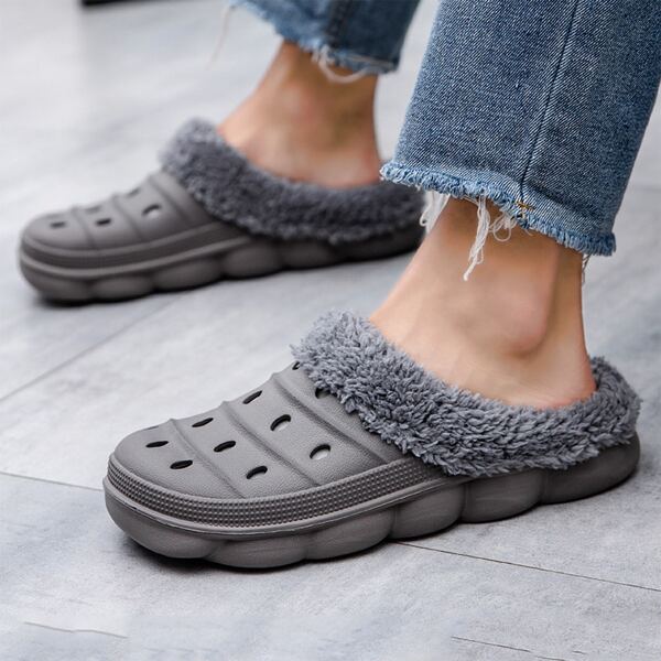 

Men Hollow Out Plush Inside Slippers, Grey