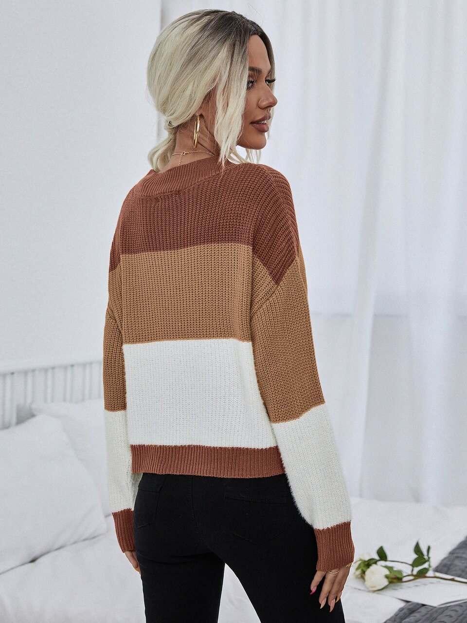White Brown Color Block Drop Shoulder Sweater,Ladies Fall Winter Casual Everyday Long Sleeve Regular Fit Pullovers Women Sweaters Knit Pullover Tops