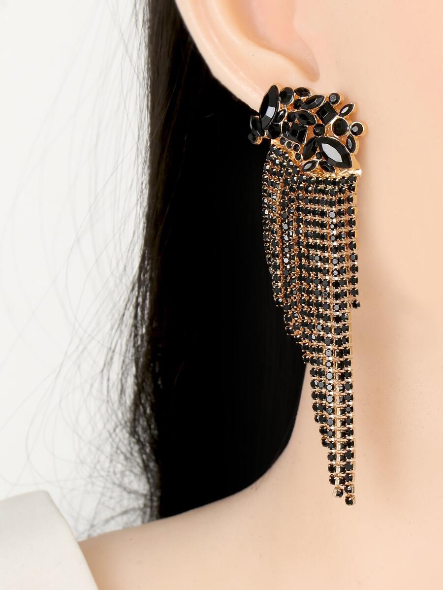 Pendientes con diamante de imitación con fleco - Negro - Ver 1